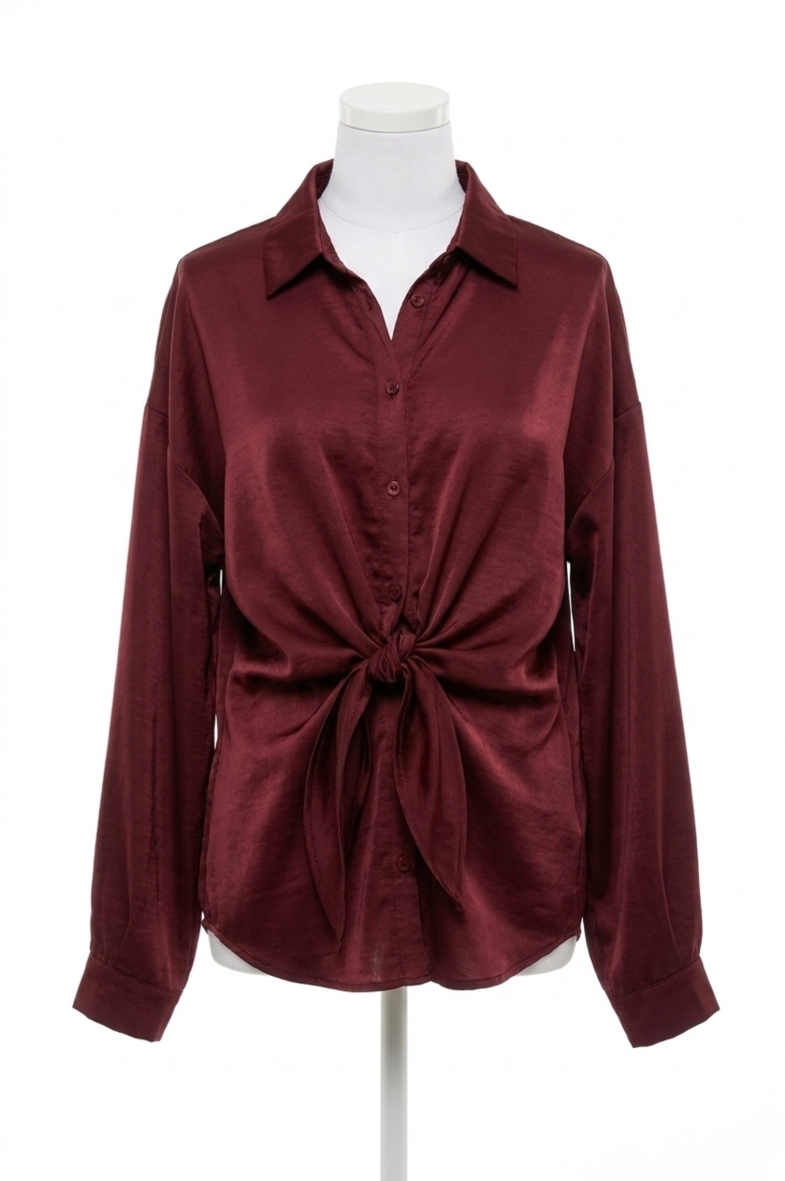 NEW GLAM midnight tie detail top in merlot